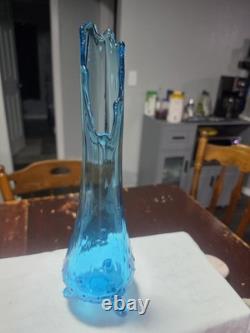 Tall Blue Glass Art Vase with Ruffled Rim, Decorative Free Standing