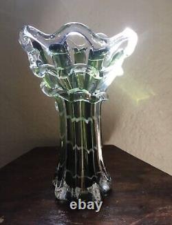 Tall Handblown Art Glass Vase Green lattice, Blue swirl/ribbed recycled/cobalt