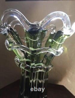 Tall Handblown Art Glass Vase Green lattice, Blue swirl/ribbed recycled/cobalt