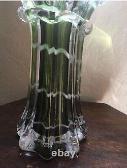 Tall Handblown Art Glass Vase Green lattice, Blue swirl/ribbed recycled/cobalt