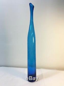 Tall Myers Turquoise Blue Crackle Blenko Bottle Vase. Art Glass Decanter. MCM