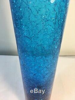 Tall Myers Turquoise Blue Crackle Blenko Bottle Vase. Art Glass Decanter. MCM