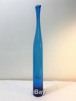 Tall Myers Turquoise Blue Crackle Blenko Bottle Vase. Art Glass Decanter. MCM