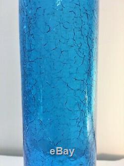 Tall Myers Turquoise Blue Crackle Blenko Bottle Vase. Art Glass Decanter. MCM