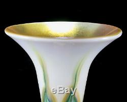 Tall S. Lundberg Studios Art Glass Trumpet Vase Iridescent Pulled Feather Signed