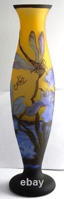 Tall Vintage 17 Blue Yellow Purple Dragonfly Cameo Glass Vase Galle Repro