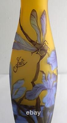 Tall Vintage 17 Blue Yellow Purple Dragonfly Cameo Glass Vase Galle Repro