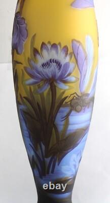 Tall Vintage 17 Blue Yellow Purple Dragonfly Cameo Glass Vase Galle Repro