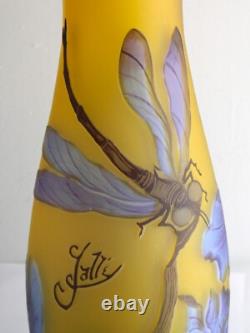 Tall Vintage 17 Blue Yellow Purple Dragonfly Cameo Glass Vase Galle Repro