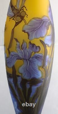 Tall Vintage 17 Blue Yellow Purple Dragonfly Cameo Glass Vase Galle Repro