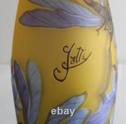 Tall Vintage 17 Blue Yellow Purple Dragonfly Cameo Glass Vase Galle Repro