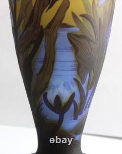 Tall Vintage 17 Blue Yellow Purple Dragonfly Cameo Glass Vase Galle Repro