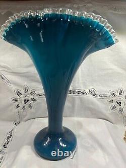 Teal Blue Fenton 13 Jamestown Silver Crest Fan Art Glass Vase