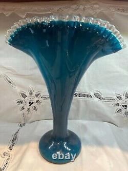 Teal Blue Fenton 13 Jamestown Silver Crest Fan Art Glass Vase