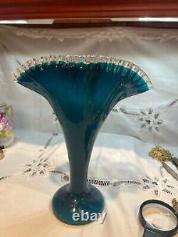 Teal Blue Fenton 13 Jamestown Silver Crest Fan Art Glass Vase