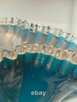 Teal Blue Fenton 13 Jamestown Silver Crest Fan Art Glass Vase