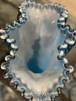 Teal Blue Fenton 13 Jamestown Silver Crest Fan Art Glass Vase