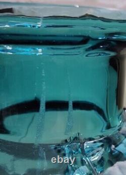Teal Blue Sunburst Glass Vase Erich Jachmann Blown In Mold Germany MCM Heavy