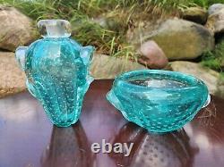 Teal Murano bullicante controlled bubble aqua art glass Vase And Bowl Set