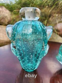 Teal Murano bullicante controlled bubble aqua art glass Vase And Bowl Set