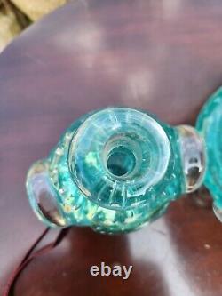 Teal Murano bullicante controlled bubble aqua art glass Vase And Bowl Set