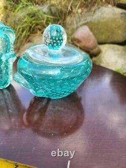 Teal Murano bullicante controlled bubble aqua art glass Vase And Bowl Set