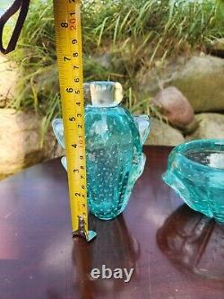 Teal Murano bullicante controlled bubble aqua art glass Vase And Bowl Set