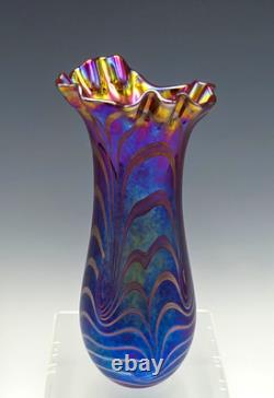Terry Crider Vase Iridescent Swirl Threaded Purple Blue 8 1/4 Signed Dated 1982