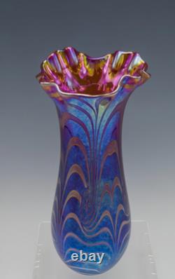 Terry Crider Vase Iridescent Swirl Threaded Purple Blue 8 1/4 Signed Dated 1982