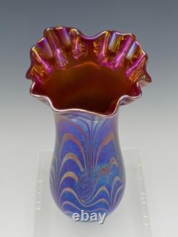 Terry Crider Vase Iridescent Swirl Threaded Purple Blue 8 1/4 Signed Dated 1982