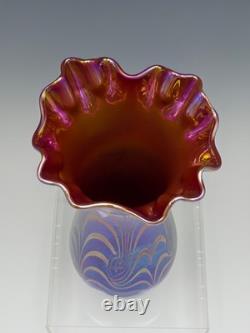 Terry Crider Vase Iridescent Swirl Threaded Purple Blue 8 1/4 Signed Dated 1982