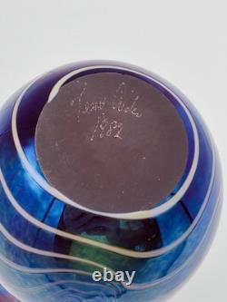 Terry Crider Vase Iridescent Swirl Threaded Purple Blue 8 1/4 Signed Dated 1982