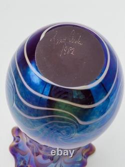 Terry Crider Vase Iridescent Swirl Threaded Purple Blue 8 1/4 Signed Dated 1982