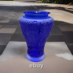Thorn Glass Vase (1999) Hand-Etched, Frosted-Cobalt Blue Floral Design-signd