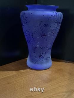Thorn Glass Vase (1999) Hand-Etched, Frosted-Cobalt Blue Floral Design-signd
