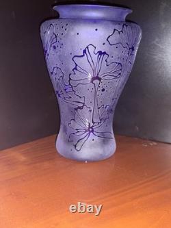 Thorn Glass Vase (1999) Hand-Etched, Frosted-Cobalt Blue Floral Design-signd