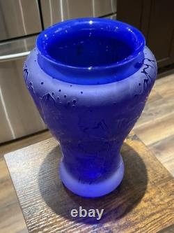 Thorn Glass Vase (1999) Hand-Etched, Frosted-Cobalt Blue Floral Design-signd