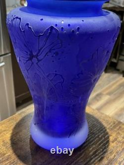 Thorn Glass Vase (1999) Hand-Etched, Frosted-Cobalt Blue Floral Design-signd