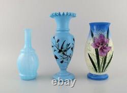 Three antique vases in hand-painted mouth-blown opal art glass