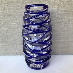 Tiffany & Co. Cut Lead Crystal Royal Blue Clear Glass Swirl Vase 8.25H