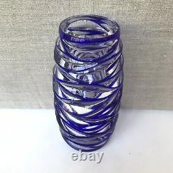 Tiffany & Co. Cut Lead Crystal Royal Blue Clear Glass Swirl Vase 8.25H