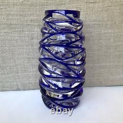 Tiffany & Co. Cut Lead Crystal Royal Blue Clear Glass Swirl Vase 8.25H