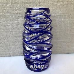 Tiffany & Co. Cut Lead Crystal Royal Blue Clear Glass Swirl Vase 8.25H