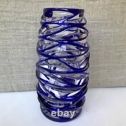 Tiffany & Co. Cut Lead Crystal Royal Blue Clear Glass Swirl Vase 8.25H