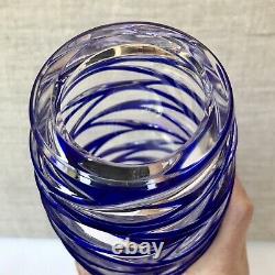 Tiffany & Co. Cut Lead Crystal Royal Blue Clear Glass Swirl Vase 8.25H