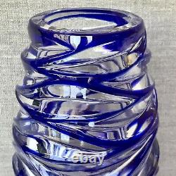 Tiffany & Co. Cut Lead Crystal Royal Blue Clear Glass Swirl Vase 8.25H