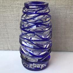 Tiffany & Co. Cut Lead Crystal Royal Blue Clear Glass Swirl Vase 8.25H