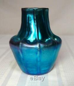 Tiffany Experimental Cabinet Vase, Blue Favrile Pinched Ribbed Shoulder Vase