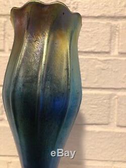 Tiffany favrile early 1900 fluted vase iridescent cobalt blue signed numbered