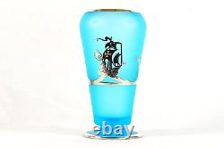 Tiffin Blue Satin Cupped Dahlia Glass Vase Silver Overlay Spanish Galleon 1934
